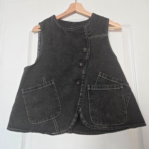 QM Women’s Black Denim Vest QM Button Front Pockets Asymmetrical - Picture 1 of 14